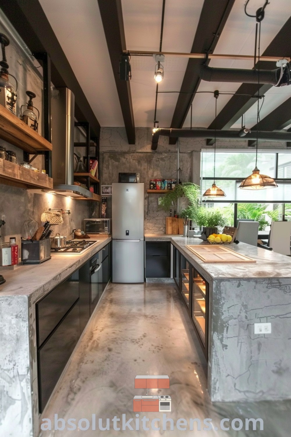 A modern kitchen featuring sleek concrete floors and industrial countertops, showcasing decor ideas that blend functionality and style. This inspiring space is perfect for cozy home enthusiasts seeking unique kitchen designs and decor inspirations. Find more ideas at wellnesswink.com.