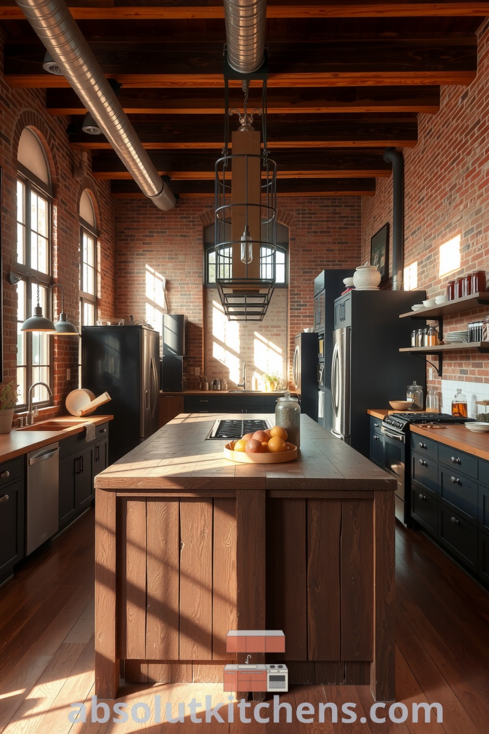 Loft kitchen featuring rich brown tones, exposed brick walls, and a rustic wood-beamed ceiling, central reclaimed wood island, vintage metal accents, and glass spice jars, creating a cozy and inviting atmosphere, perfect for home inspiration at fireplacesandwoodstoves.com.