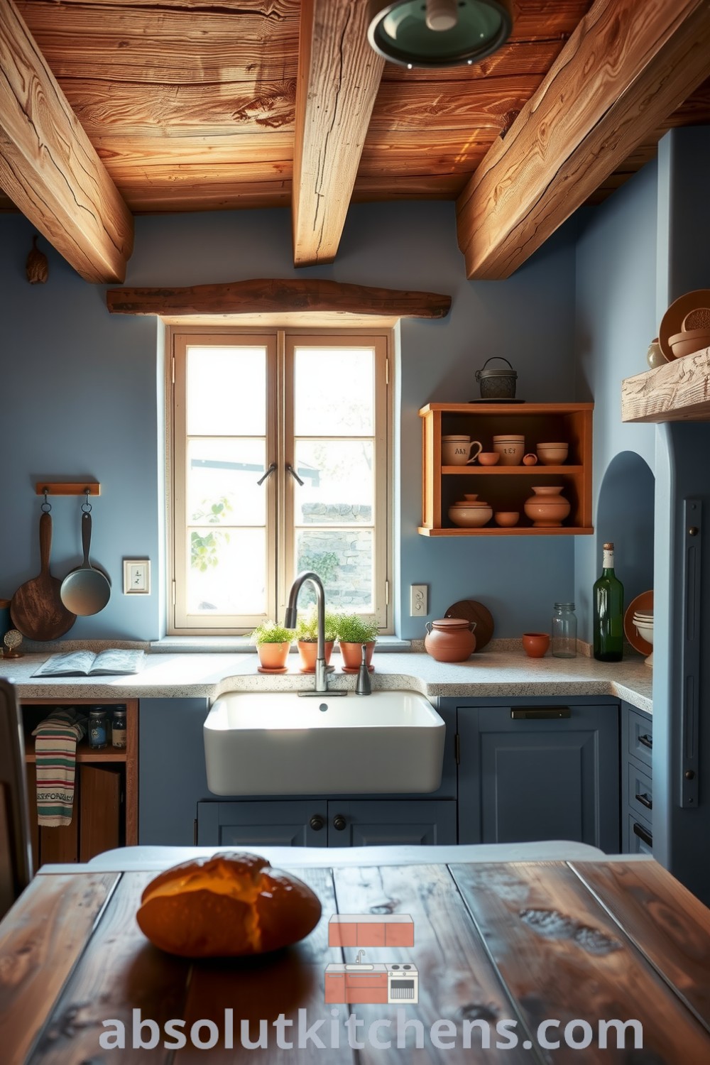 Cozy rustic kitchen featuring weathered wooden beams, stone countertops, oak cabinets, a farmhouse sink, and herbs in terracotta pots, designed to inspire warmth and togetherness. Visit absolutkitchens.com for cozy design ideas.