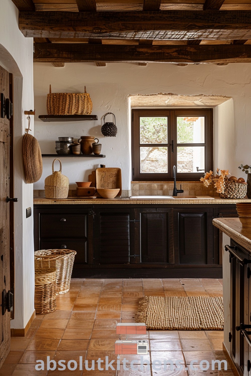 A cozy Spanish kitchen with wooden cabinets and tile flooring, featuring an open door leading outside and a Mexican style backsplash. This organic rustic kitchen design offers inspiring ideas for small spaces and showcases perfect decor tips for a warm home environment. Find more at absolutkitchens.com.