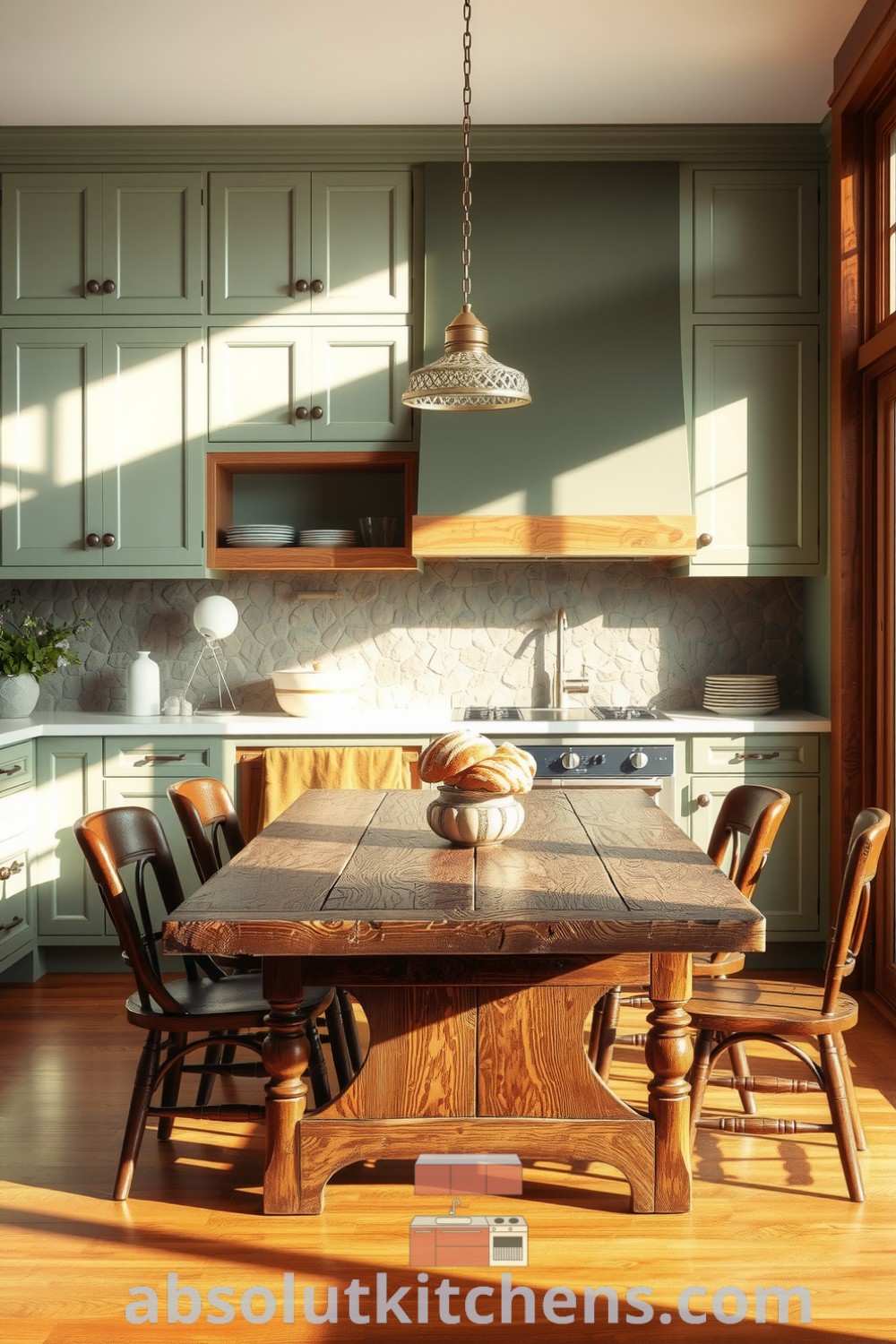 Cozy kitchen featuring earthy tones with sage green cabinetry, reclaimed wood accents, large windows, and a textured stone backsplash. A wooden table surrounded by mismatched chairs creates an inviting atmosphere. Ideal for design ideas that inspire warmth and conversation at absolutkitchens.com.