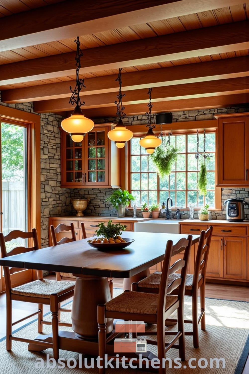 Rustic kitchen featuring warm brown tones, rich wooden cabinetry, a rugged stone backsplash, and a weathered dining table, illuminated by sunlight, creating a cozy home atmosphere; showcases inspiring decor ideas and unique designs for your home. Visit fireplacesandwoodstoves.com for more inspirations.