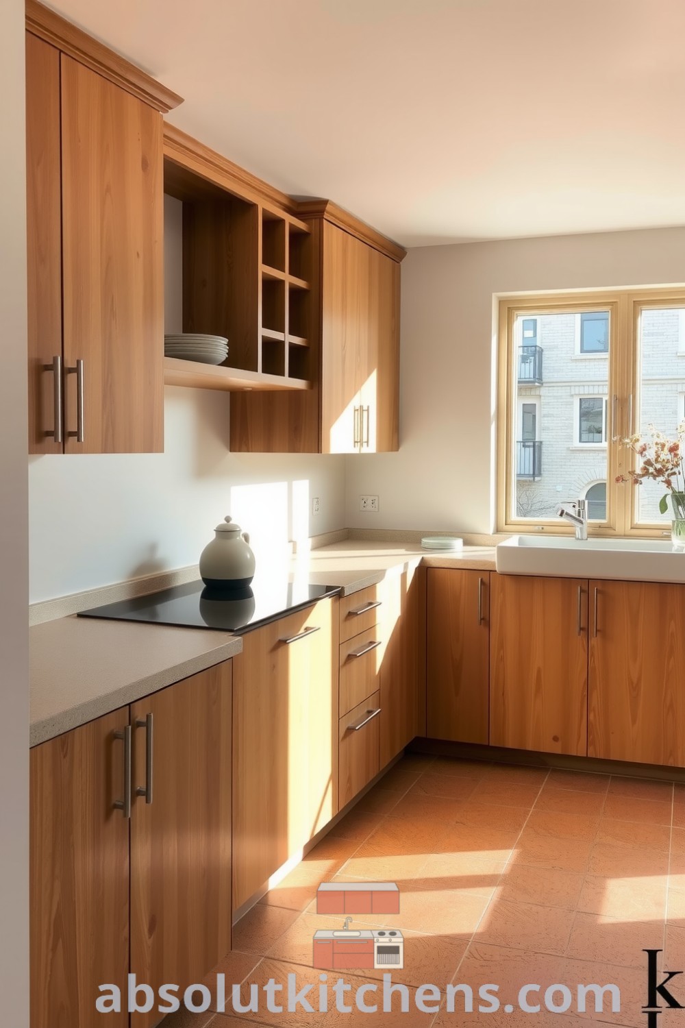 A cozy minimalist kitchen with warm wooden cabinetry, rustic stone countertops, and open shelving displaying utensils, illuminated by sunlight filtering through a large window, creating an inviting atmosphere ideal for cooking and gathering. Visit fireplacesandwoodstoves.com for unique decor ideas.
