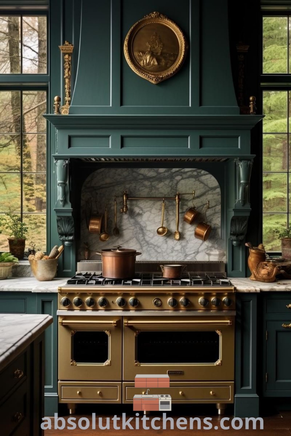 A cozy English cottage style kitchen showcasing green cabinets, gold appliances, and elegant decor ideas for small spaces. This dark green kitchen design offers inspiring and functional elements, making it perfect for house or apartment living. Explore more design tips at absolutkitchens.com.