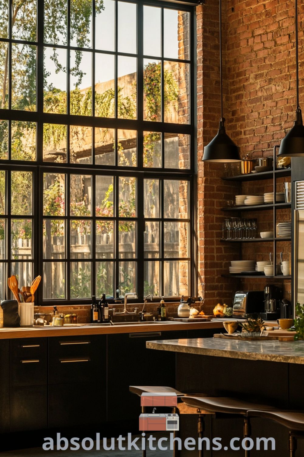 Urban loft kitchen scene on absolutkitchens.com featuring modern lofts, cozy aesthetic, and loft kitchen design ideas with large windows and warm decor.