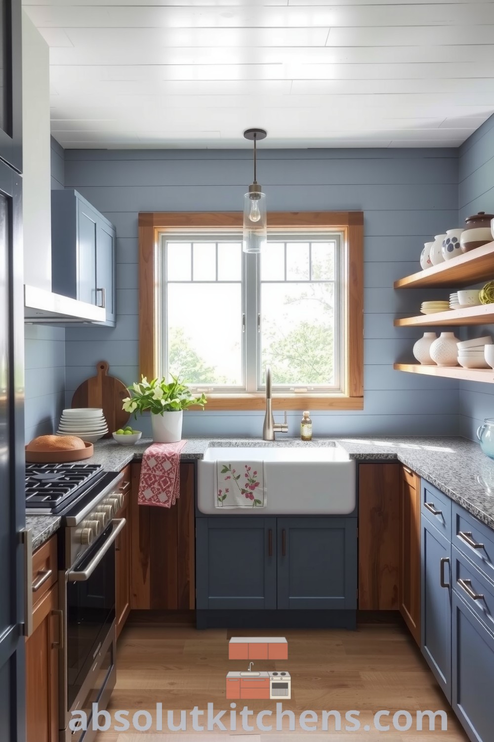 Cozy farmhouse kitchen featuring a calming blue palette, shiplap walls, rustic oak cabinetry, and a large farmhouse sink under a window, with textured stone countertops and hand-painted pottery displayed on open shelves for a welcoming atmosphere. Visit absolutkitchens.com for inspiring decor ideas.