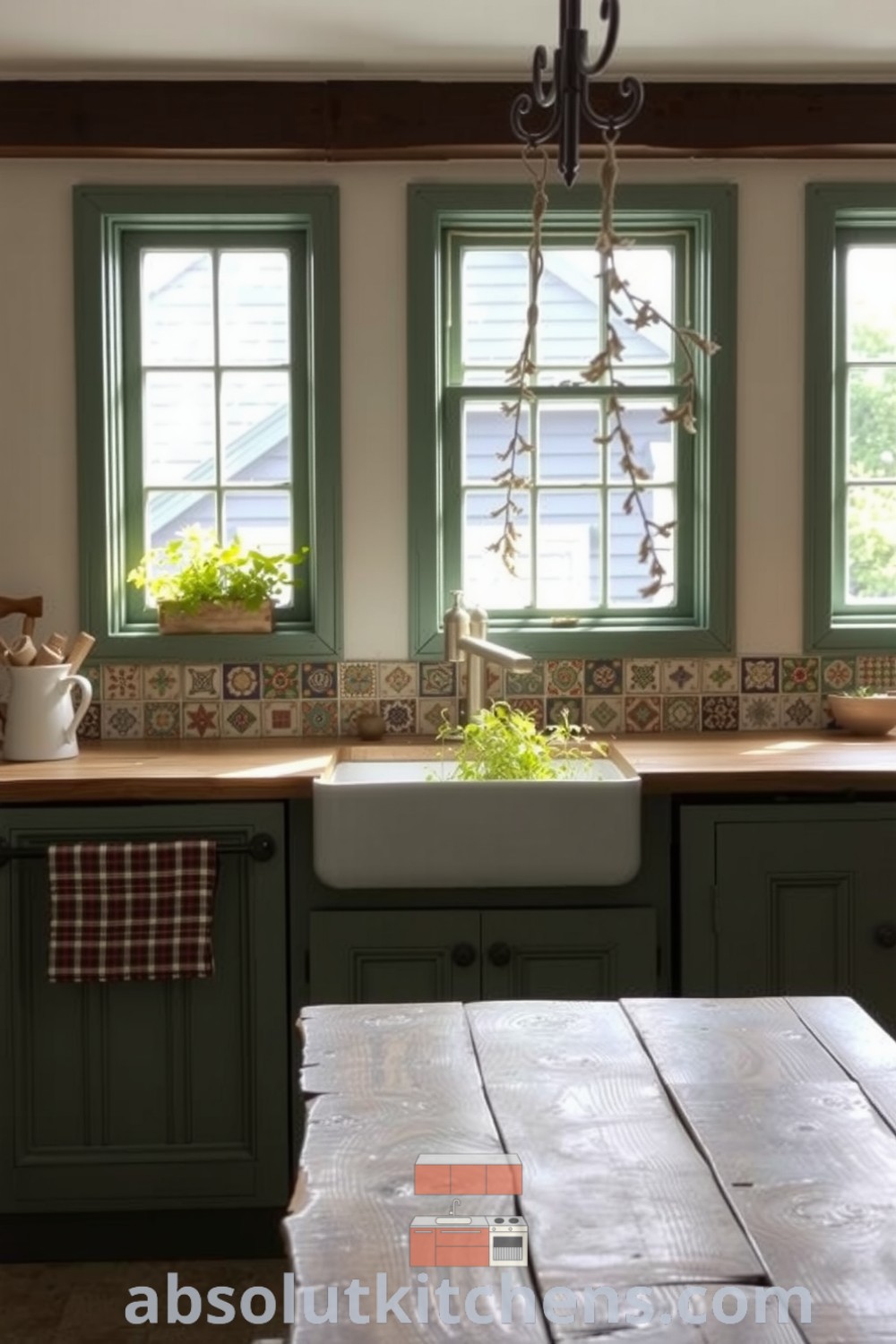 Cozy farmhouse kitchen with weathered wood countertops, mismatched tiles, inviting herb garden, and rustic wooden table, offering decor ideas for a warm and inviting home atmosphere at absolutkitchens.com.