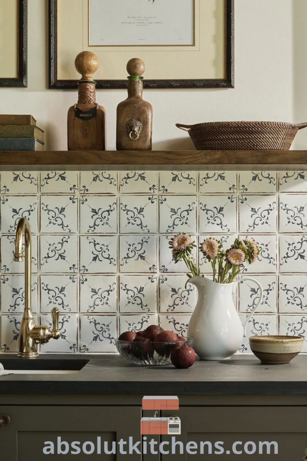 A vintage kitchen counter adorned with flowers in a vase and decorative items on the shelf, showcasing inspiring design trends and decor ideas for small spaces. Explore more on absolutkitchens.com for cozy aesthetic inspirations that elevate your home decor kitchen.