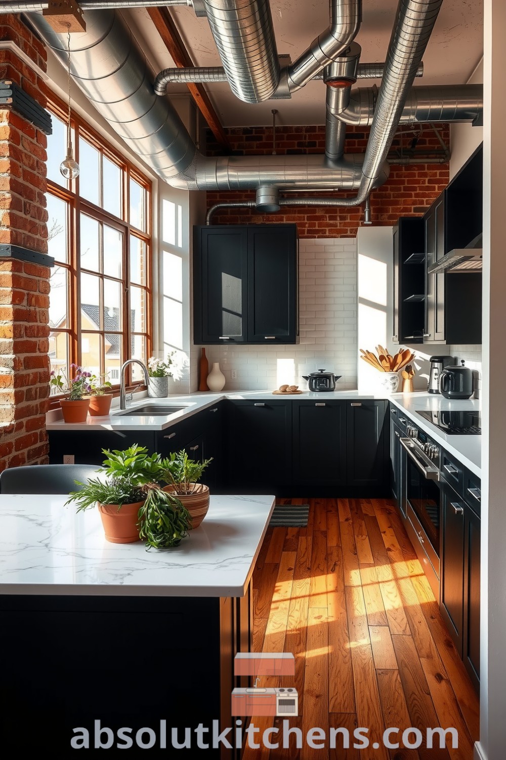 Loft kitchen featuring black cabinetry, exposed metal ductwork, rustic hardwood floors, and marble countertops, illuminated by natural light with potted herbs on the window sill, offering cozy ideas for a warm and inviting home, featured on fireplacesandwoodstoves.com.