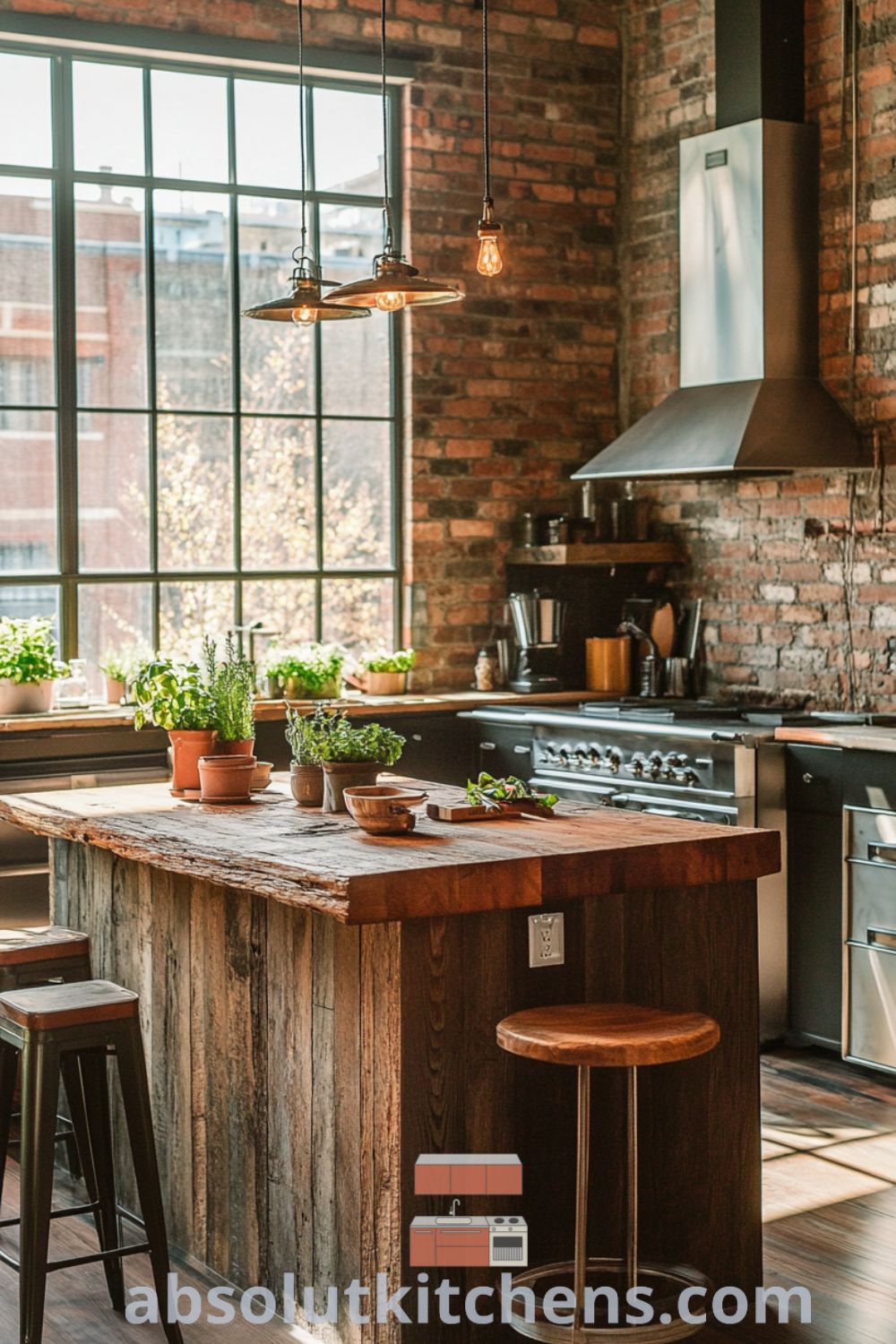 Loft kitchen with exposed brick and reclaimed wood elements on absolutkitchens.com featuring ideas you need to see, cozy aesthetic, and inspiring design trends.
