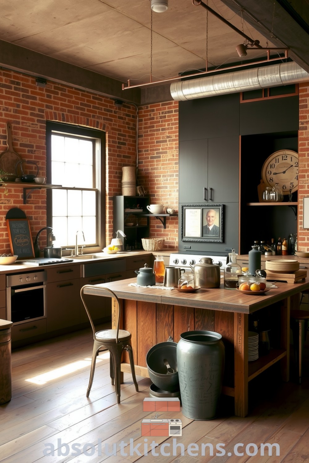 Loft kitchen featuring brown wooden cabinetry, exposed brick walls, and a reclaimed wood island, creating a cozy atmosphere perfect for culinary creativity, with vintage glassware and metal accessories, showcased at fireplacesandwoodstoves.com.