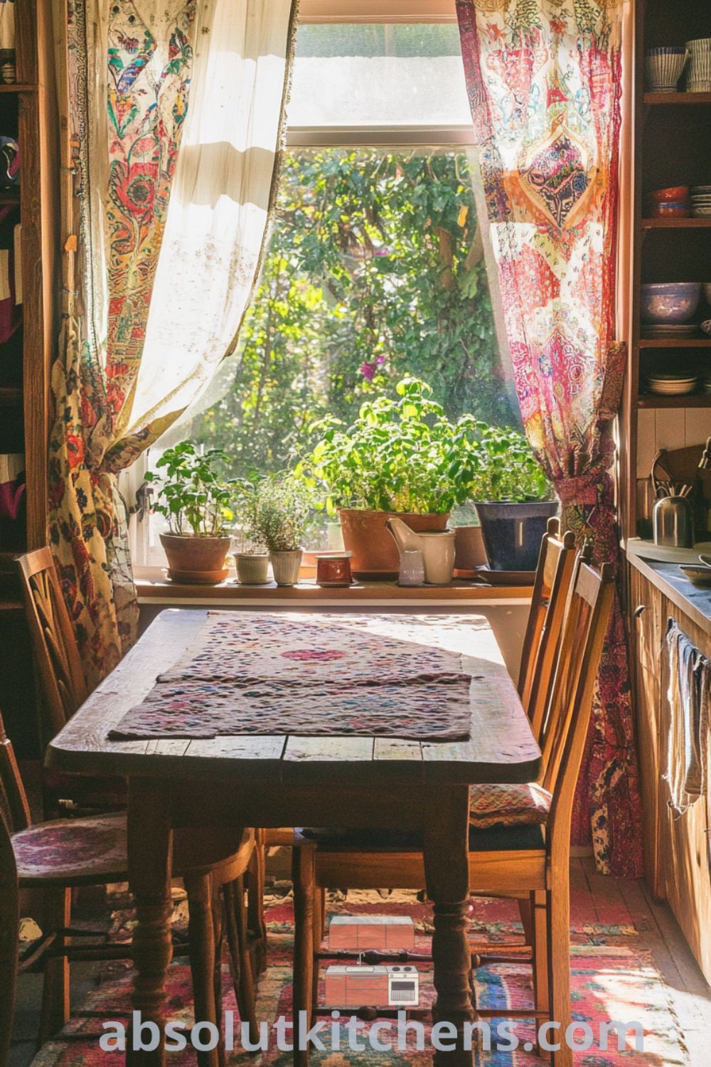 Bohemian Kitchen with rustic elements on absolutkitchens.com featuring cozy kitchen decor, unique kitchen ideas, and vibrant kitchen accents.