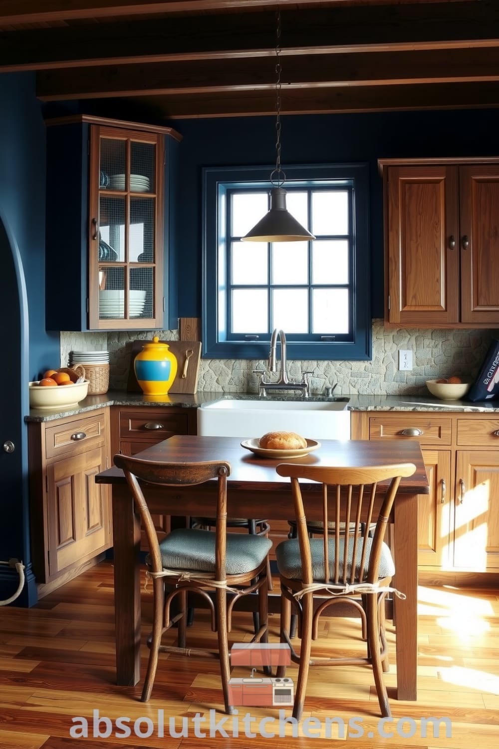 Cozy blue kitchen featuring weathered wooden cabinets, a stone backsplash, and a butcher block countertop, with natural light illuminating a robust table surrounded by mismatched chairs, providing inspiring decor ideas for your home at fireplacesandwoodstoves.com.