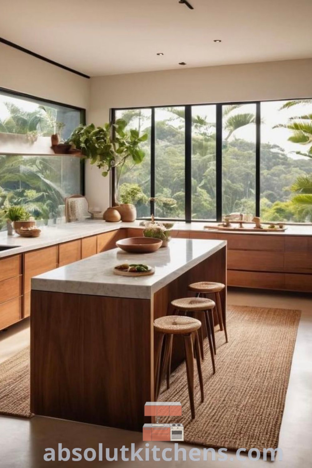 A spacious modern tropical kitchen with plenty of counter space, adorned with plants on the window sill, reflecting a cozy aesthetic and inviting ambiance. This tropical kitchen design exemplifies inspiring decor ideas and design trends for anyone looking to elevate their home, featuring tips for a stylish cooking area on absolutkitchens.com.