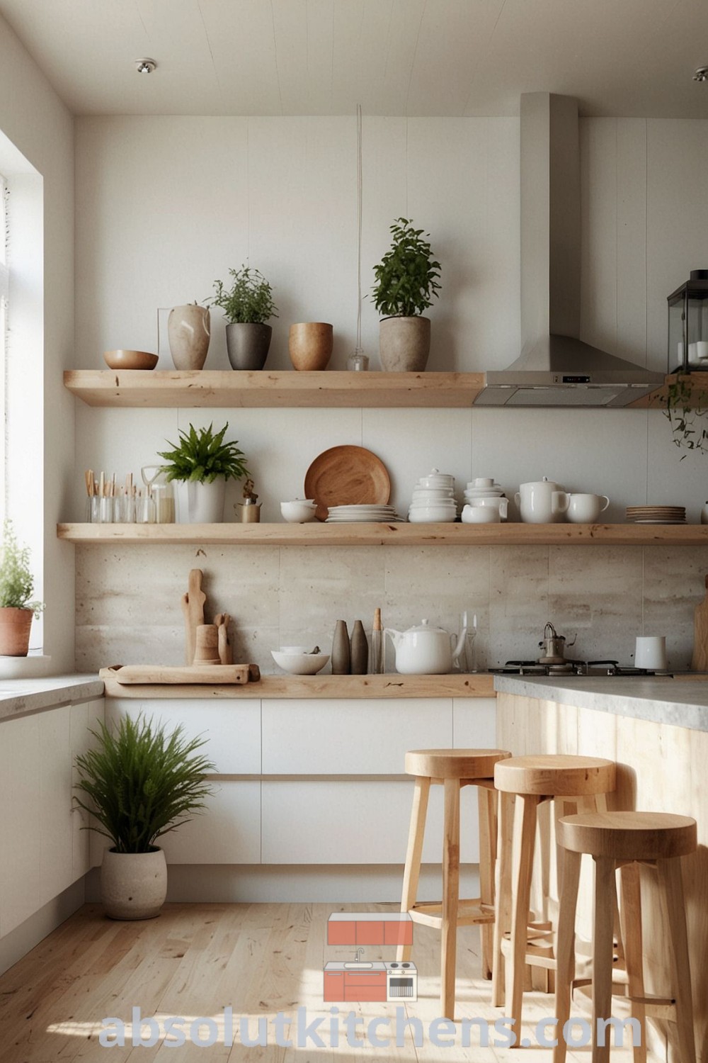 A clean and inviting small Scandi kitchen with natural wood accents, emphasizing Nordic style and decor ideas, offering cozy inspirations for your home. This scene highlights the beauty of clean design and efficient storage solutions. Discover more ideas at wellnesswink.com.