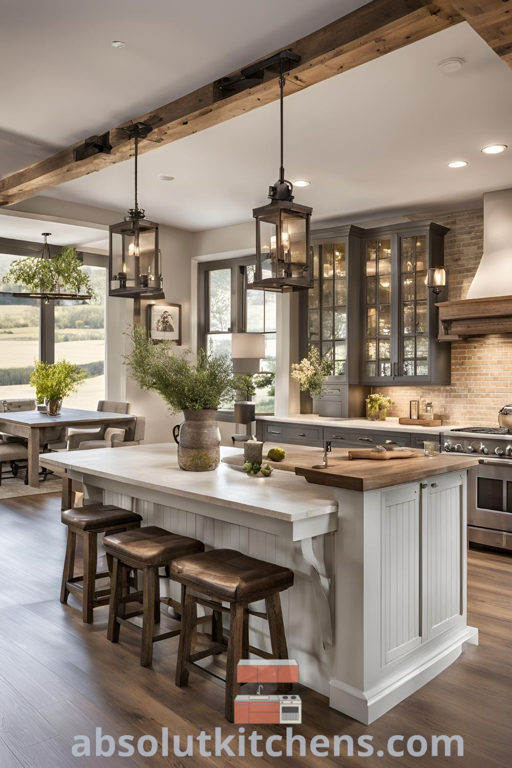 A large farmhouse kitchen with a beautiful island in the middle, exemplifying modern farmhouse kitchen and dining room design. Ideal for cozy aesthetics and open cottage kitchen ideas, this space offers design trends and decorating ideas. Discover inspiring decor ideas for your home at absolutkitchens.com.