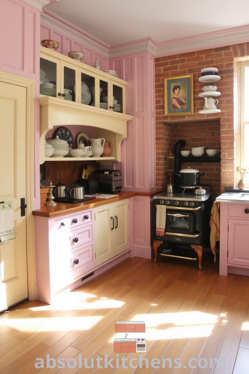 Cozy Victorian kitchen with soft pink paneling, chipped cream cabinets, vintage dishes, a cast-iron stove, and a large window, emanating warmth and inviting nostalgia. Visit absolutkitchens.com for inspiring cozy home decor ideas.