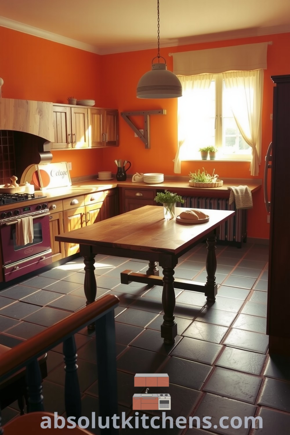 Cozy farmhouse kitchen with warm orange hues, rustic wooden cabinets, worn slate tiles, and a sturdy central table, illuminated by sunlight and adorned with potted herbs, creating an inviting atmosphere for family meals and gatherings. absolutkitchens.com