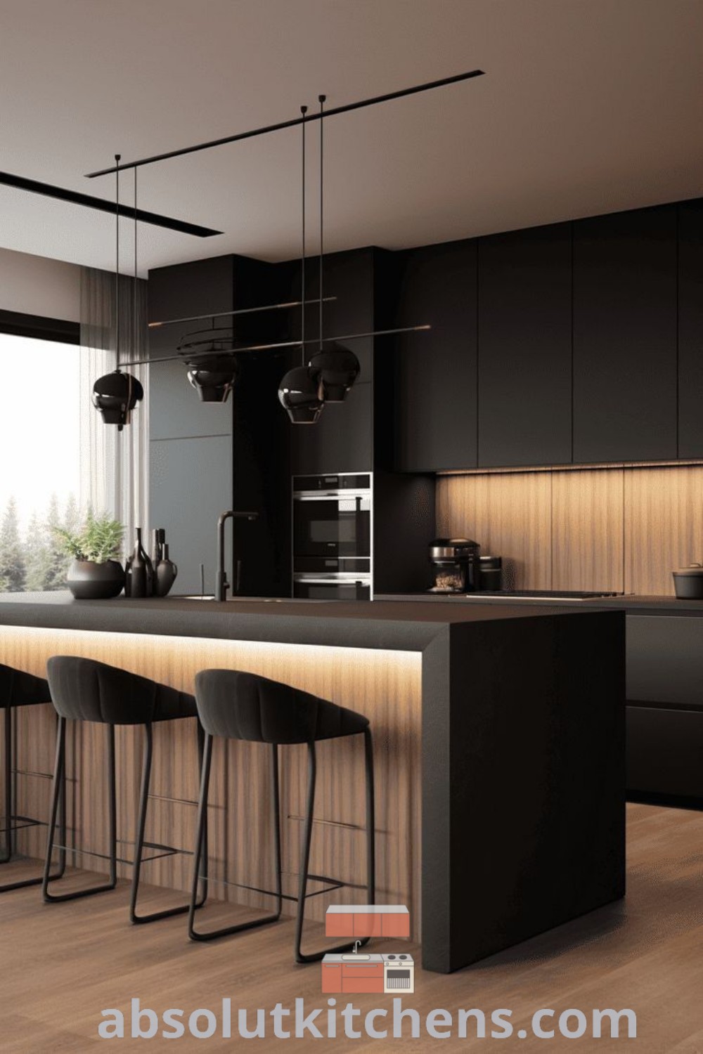 A modern kitchen with black cabinets, bar stools, and stylish hanging lights, showcasing cozy ideas for kitchen design. This black Scandinavian kitchen offers unique decor inspirations for creating a functional and inviting space. Discover more ideas for your home at wellnesswink.com.