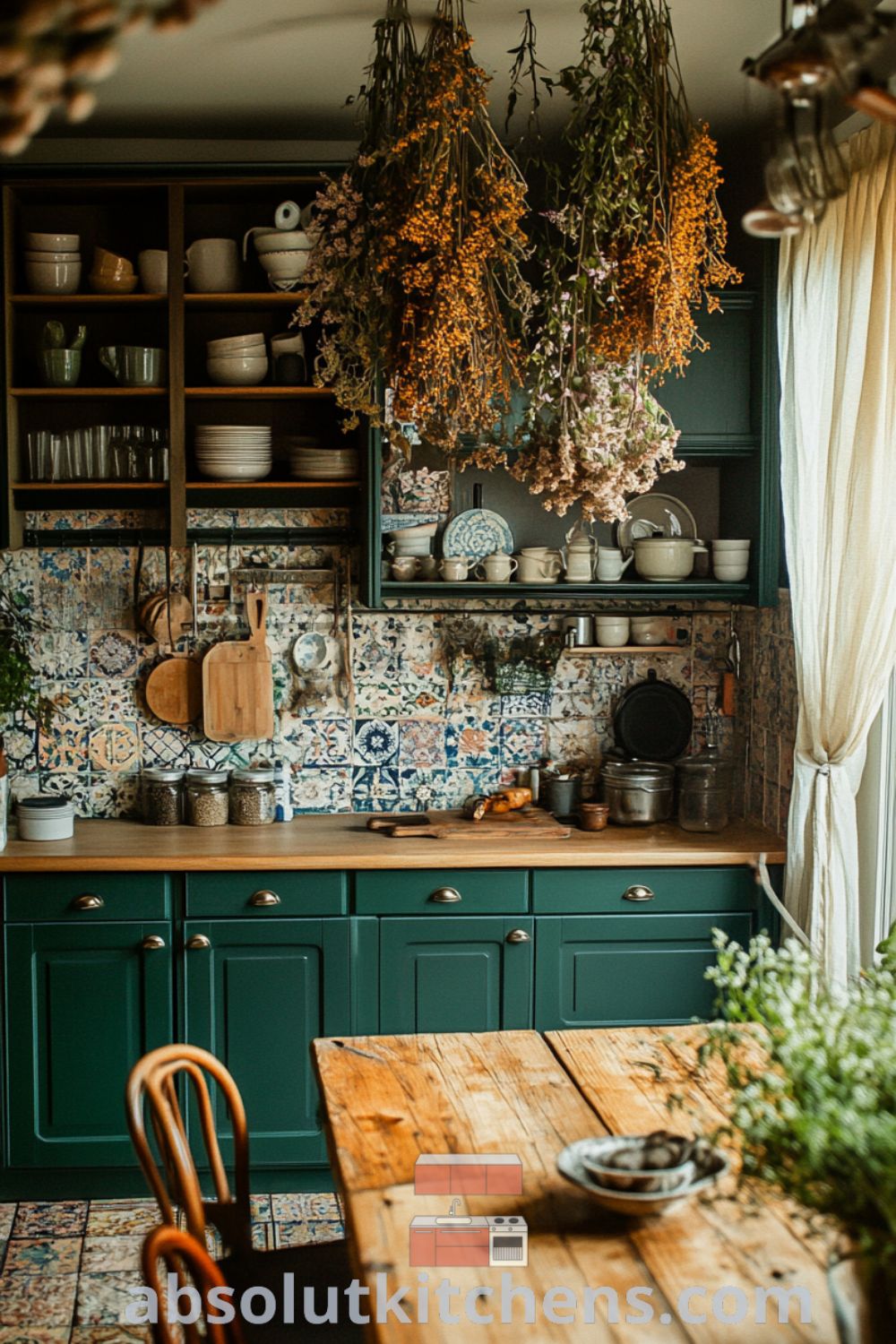 Bohemian Kitchen scene on absolutkitchens.com featuring cozy decor ideas, colorful accents, and small kitchen transformation elements.