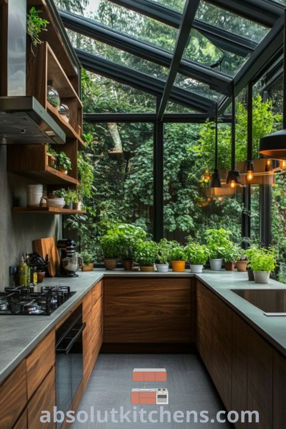 A beautiful kitchen in a glass extension featuring a green kitchen with skylight, glass wall in kitchen, and window ceiling, creating an inviting space for cooking and entertaining. Perfect for garden kitchen indoor ideas, this design offers unique decor tips for a cozy aesthetic. Explore more design trends at absolutkitchens.com.
