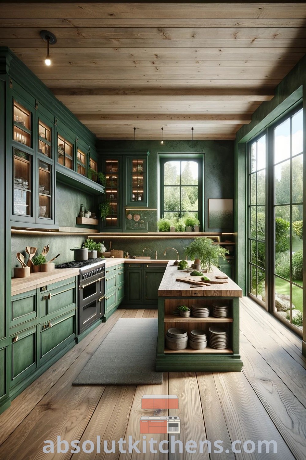 A large kitchen with olive green cabinets and wooden floors, showcasing inspiring design trends for tiny house kitchens. This cozy aesthetic blends functionality and style, providing decor ideas for small spaces. Find more house kitchen design inspiration at absolutkitchens.com.