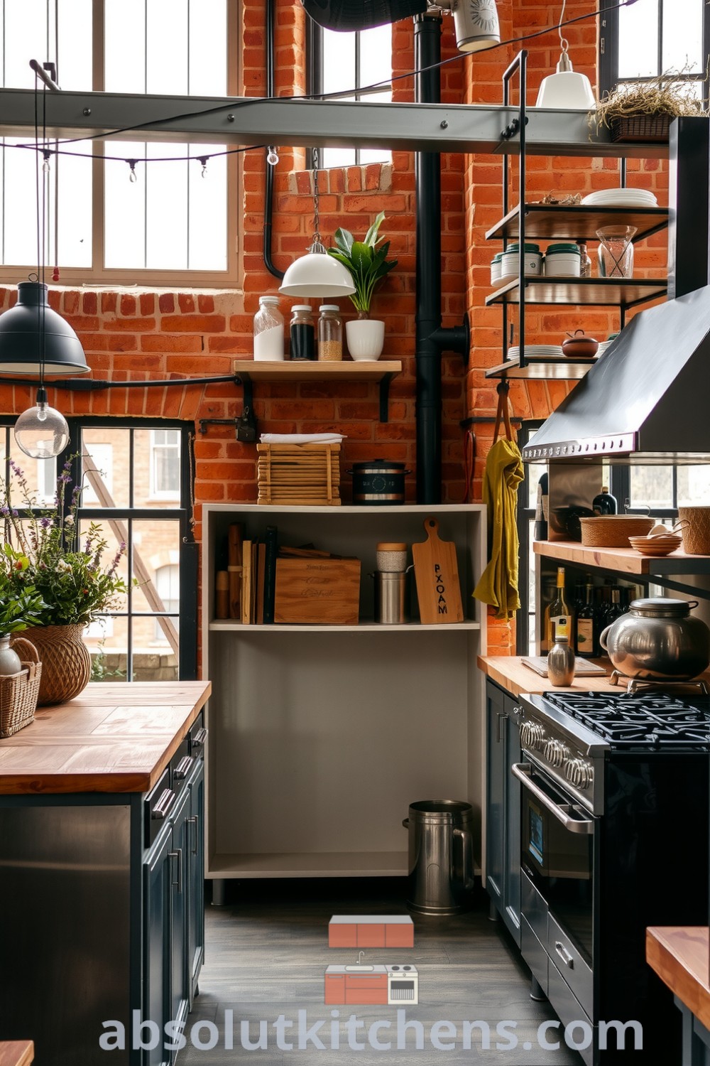 Cozy kitchen design featuring exposed brick walls, large windows, stainless steel and reclaimed wood countertops, and vintage spice shelves, offering unique ideas and decor inspirations for creating a cozy home, from fireplacesandwoodstoves.com.