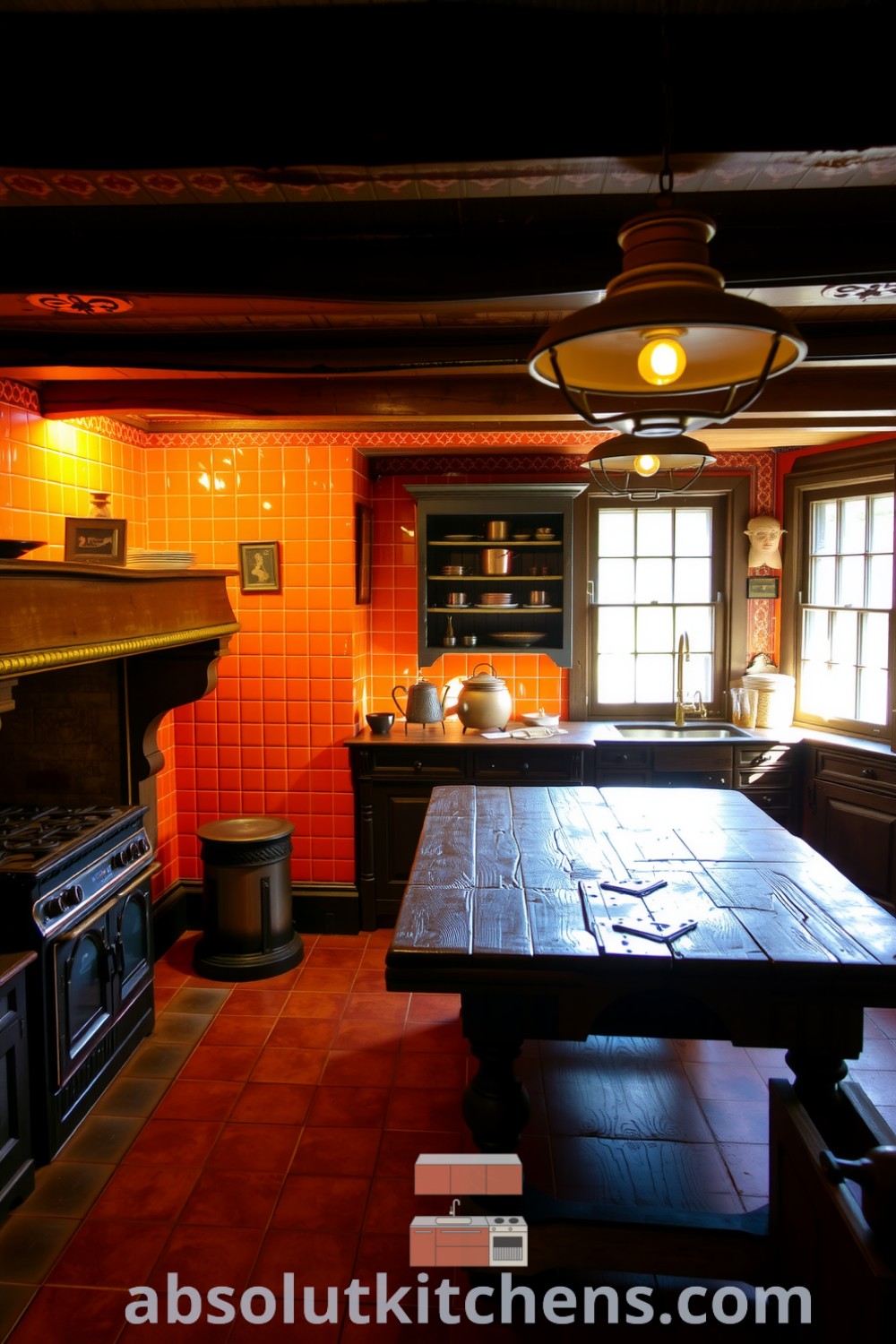 Cozy Victorian kitchen featuring warm orange tiles, rich wooden cabinets, and copper pots, along with a rustic table at the center, creating a welcoming and nostalgic atmosphere. Visit absolutkitchens.com for inspiring decor ideas for your home.