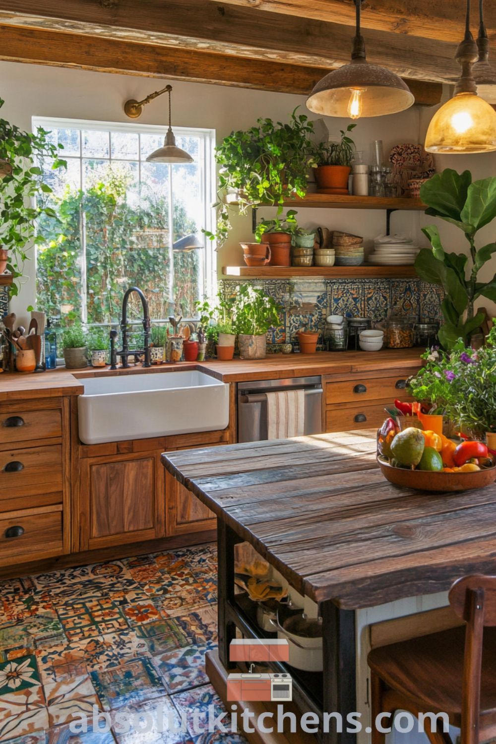 Bohemian kitchen design on absolutkitchens.com featuring colorful tiles, cozy kitchen vibes, and inviting decor ideas for small spaces.