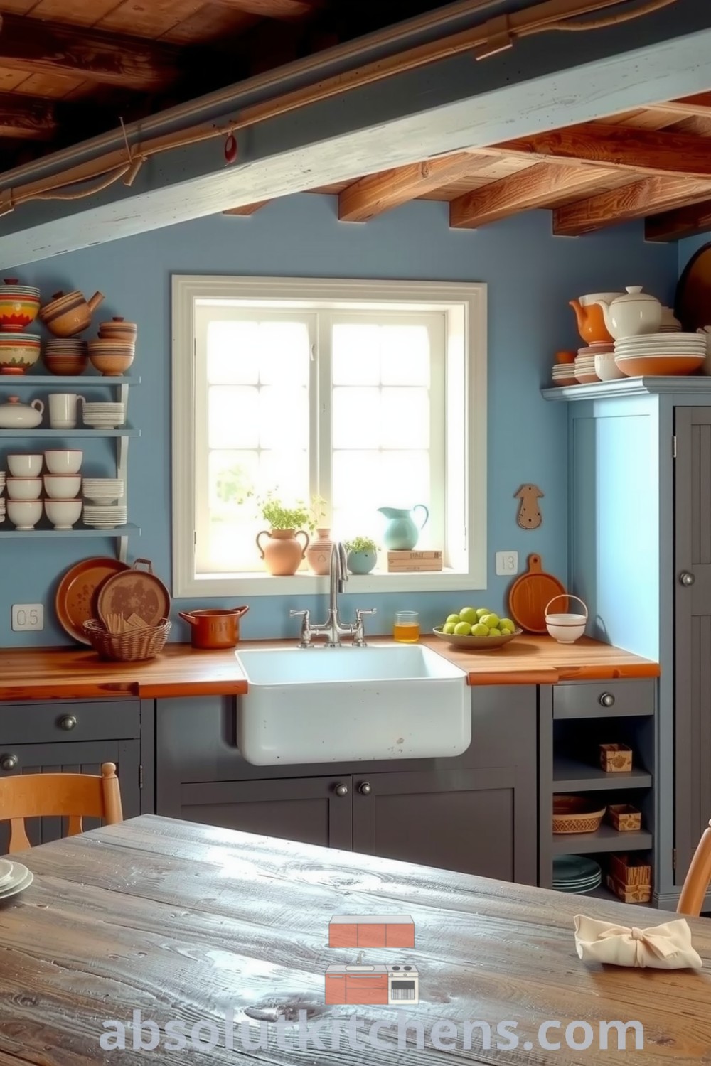 Cozy rustic kitchen with soft blue hues, worn wooden beams, a farmhouse sink under a large window, and stacked mismatched pottery, creating a warm and inviting atmosphere. Visit absolutkitchens.com for inspiring decor ideas.