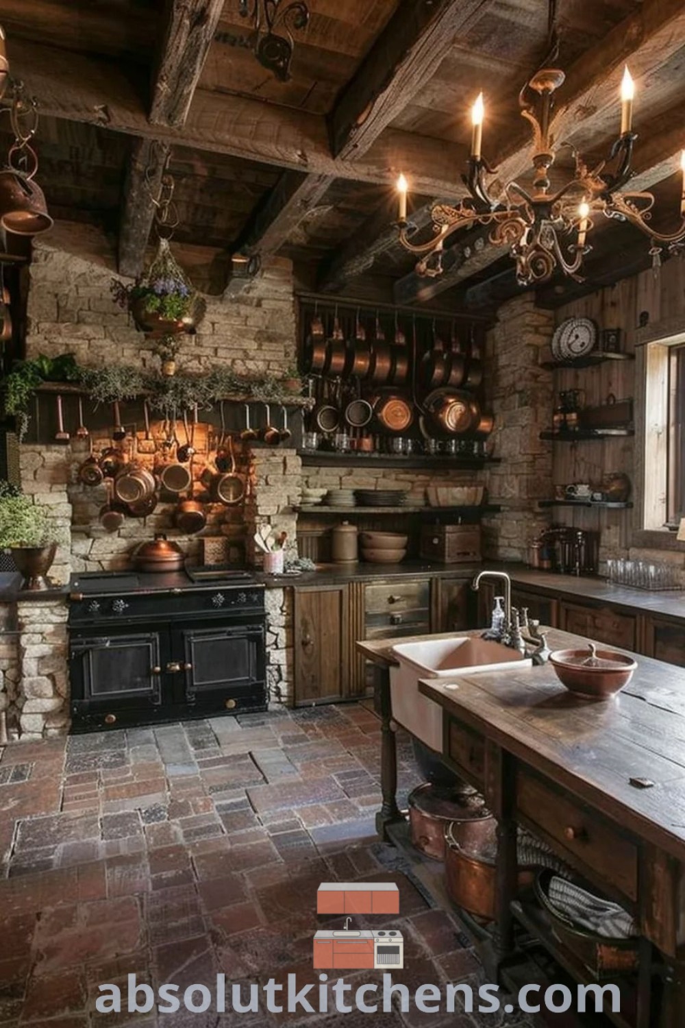 An old-fashioned kitchen adorned with pots and pans hanging from the ceiling, embodying cottagecore interior design and rustic charm. This medieval style kitchen offers cozy aesthetic, decor ideas for small spaces, and functional beauty, showcasing inspirations for home cooking. Explore more design trends at absolutkitchens.com.