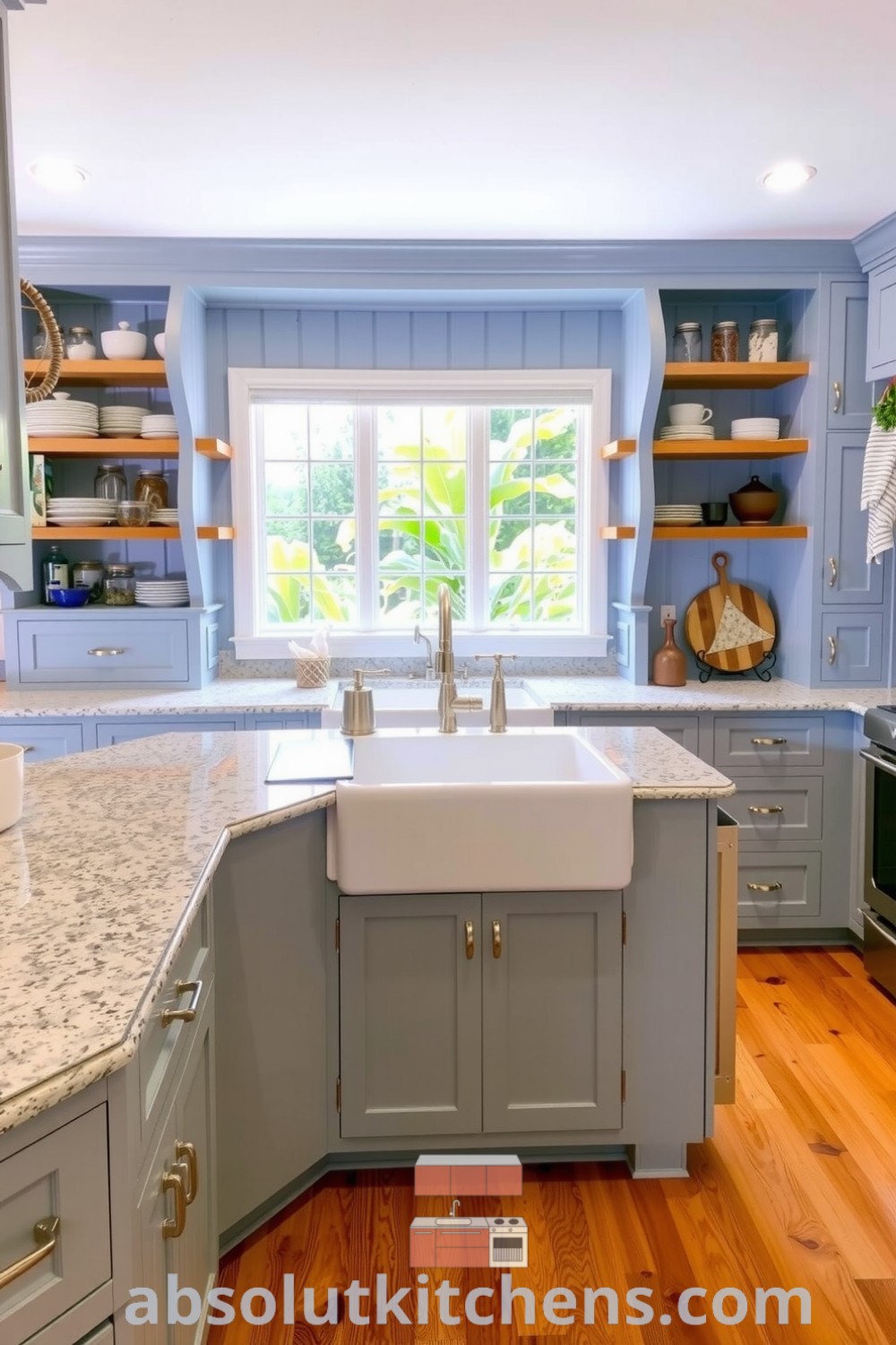 Cozy farmhouse kitchen featuring soft blue cabinetry, wooden floors, a large farmhouse sink, open shelving with ceramic dishes and jars, and a sunlit window showcasing fresh greenery, inspiring decor ideas for a warm home atmosphere. Visit absolutkitchens.com.
