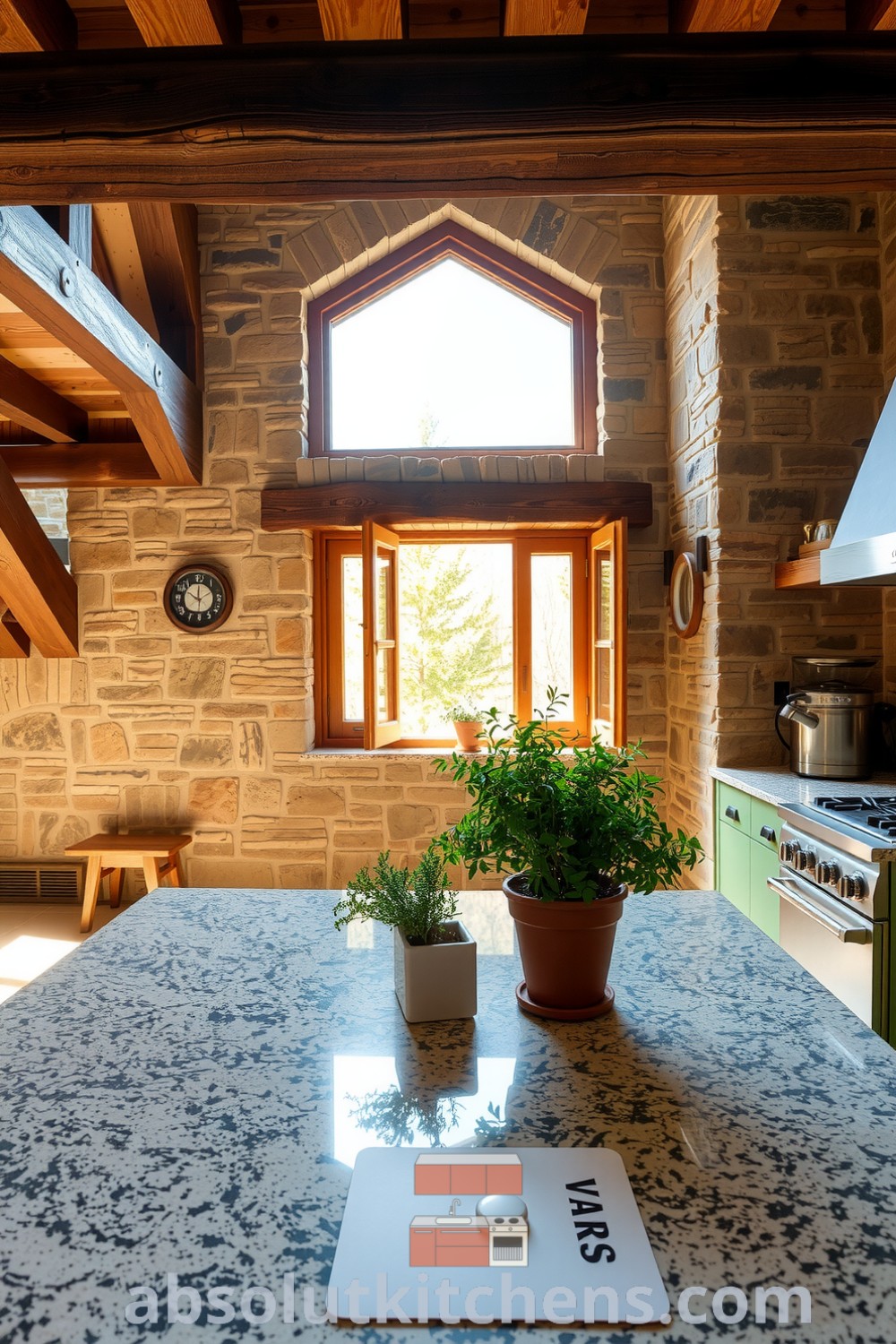 Cozy nature-inspired kitchen featuring warm earthy tones, stone walls, exposed wooden beams, a large granite island, and potted herbs, perfect for an inviting and relaxed atmosphere. Visit absolutkitchens.com for more decor ideas.