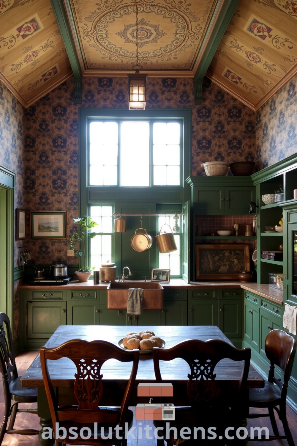 Cozy Victorian kitchen featuring intricate floral wallpaper, dark wooden cabinets, and a farmhouse sink with golden sunlight streaming through tall windows. Ideal decor ideas for a warm and inviting home atmosphere from absolutkitchens.com.