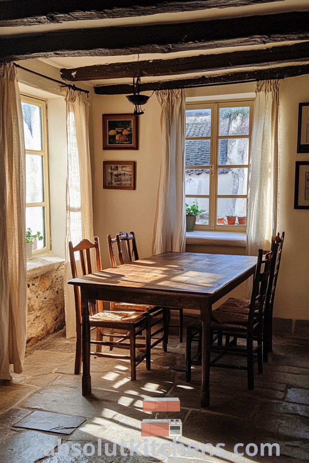 Cozy French kitchen with cream-colored walls, rustic wooden beams, an oak table surrounded by mismatched chairs, and sunlight filtering through sheer linen curtains, creating a warm and inviting atmosphere perfect for family gatherings. Visit absolutkitchens.com for more cozy ideas.