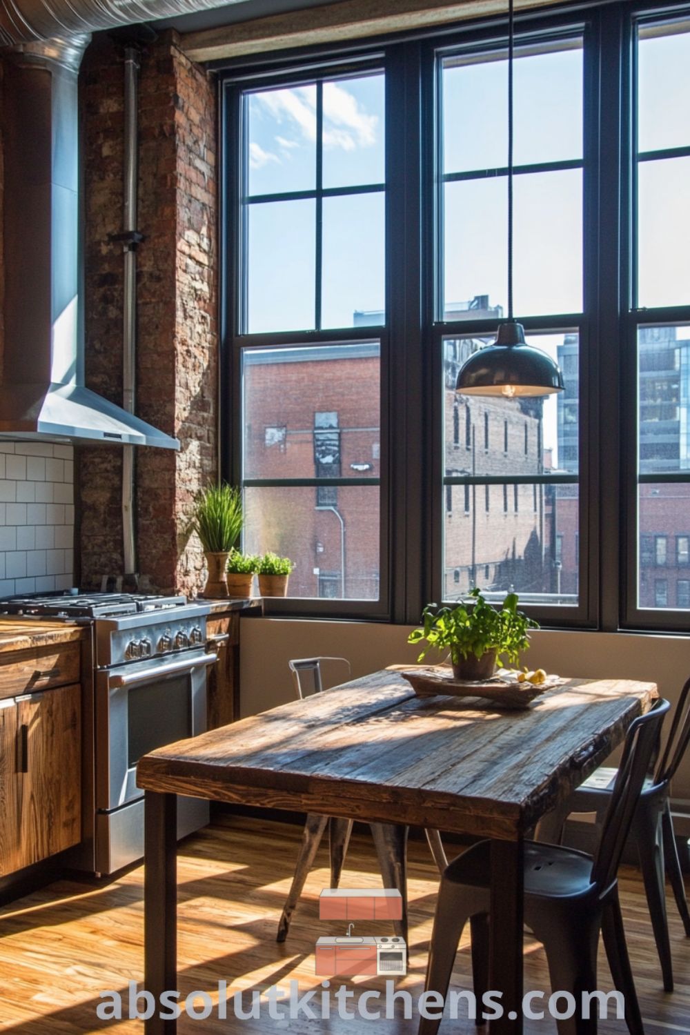 Industrial-style loft kitchen on absolutkitchens.com featuring reclaimed wood cabinetry, urban loft kitchen aesthetics, and cozy decor ideas for small spaces.