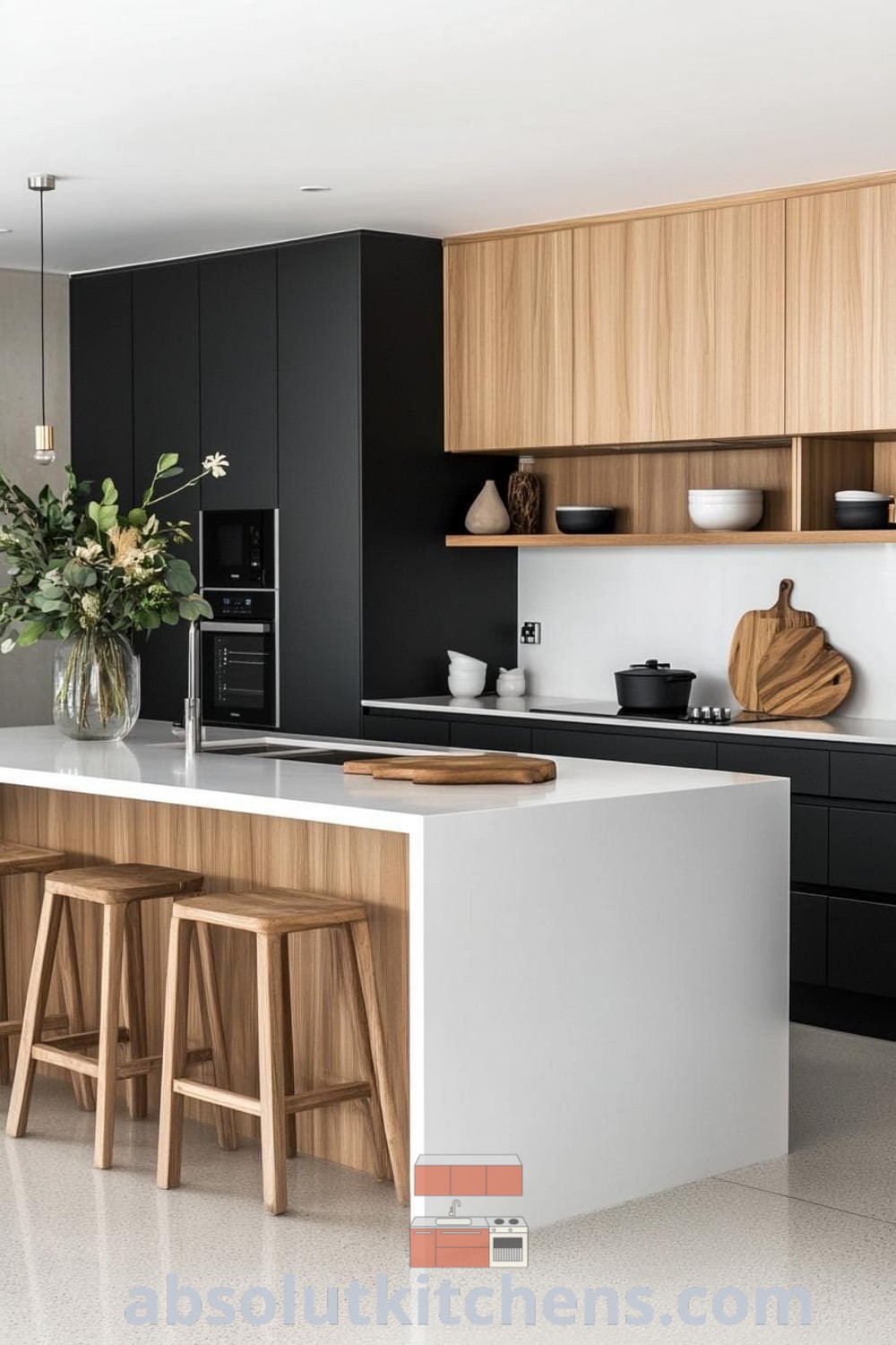 A modern kitchen with black wood cabinets and white countertops featuring stools in front of the island, designed to showcase a monochrome theme. This kitchen combines graphite and wood elements, offering inspiring decor ideas for a cozy home. Discover more design inspirations at wellnesswink.com.