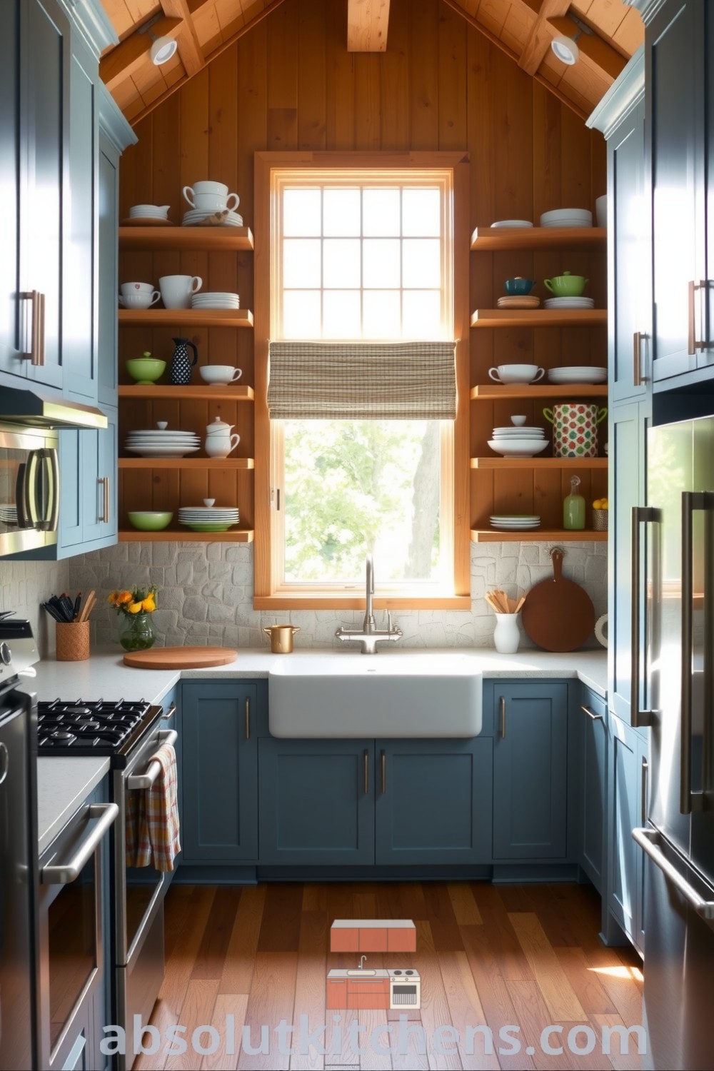 Cozy farmhouse kitchen featuring soft blue cabinetry, rustic wooden accents, farmhouse sink, open shelves displaying dishware, and stone backsplash, providing inspiring decor ideas for a cozy home. Visit absolutkitchens.com for more design inspirations.