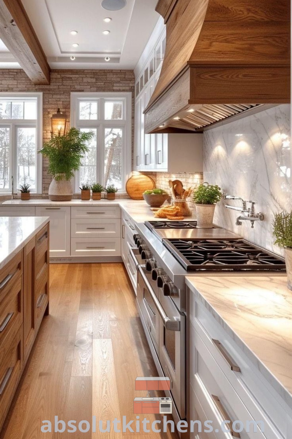 A modern farmhouse kitchen with wooden floors, white cabinets, and a long layout, showcasing the latest kitchen trends for 2024. This space features an island for added functionality and style, perfect for cozy gatherings. Explore inspiring design tips and ideas for house or apartment at absolutkitchens.com.