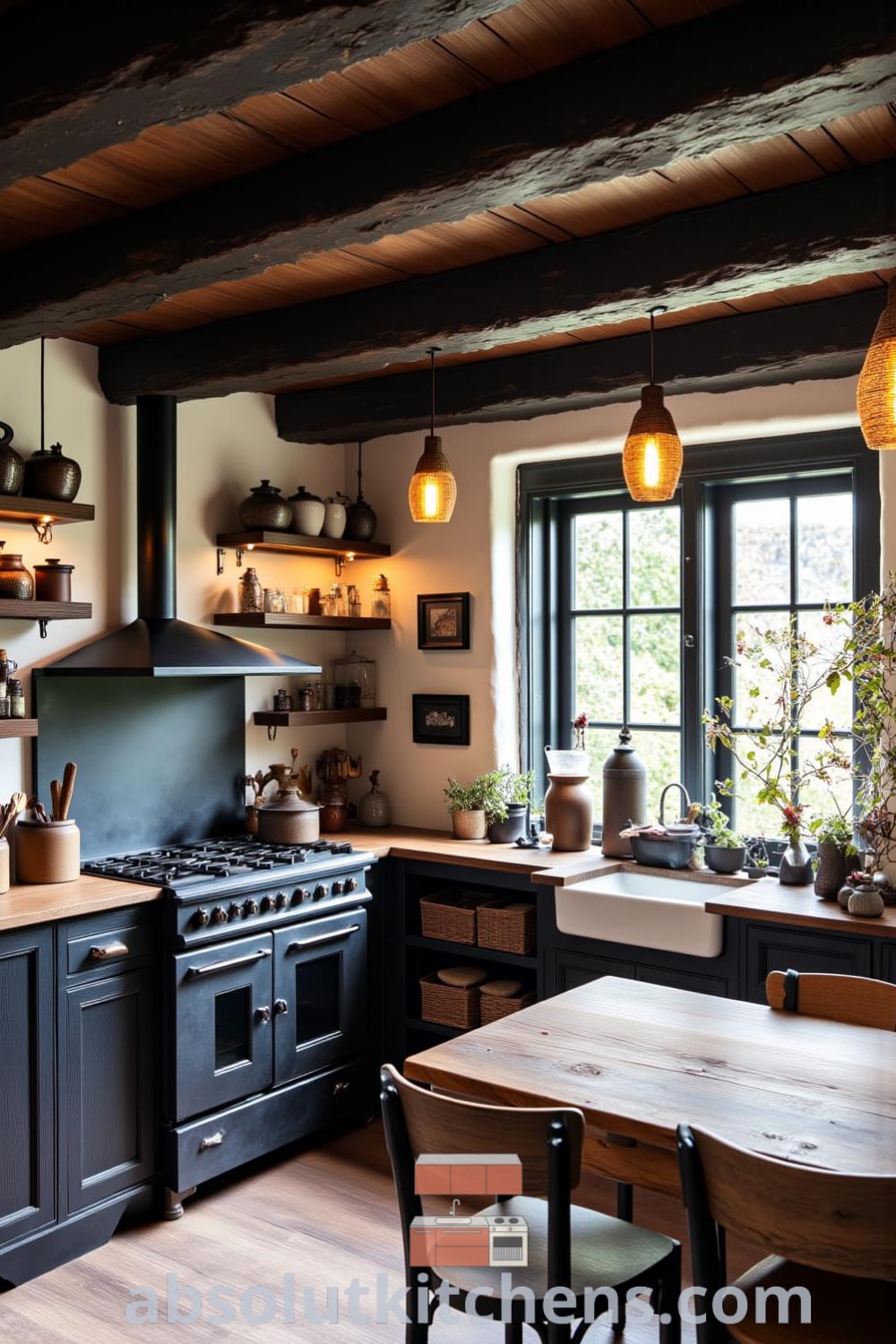 Rustic kitchen design featuring dark wooden beams, weathered walls, and a blackened metal range surrounded by handmade pottery, creating cozy home decor ideas that inspire family gatherings and warmth at fireplacesandwoodstoves.com.