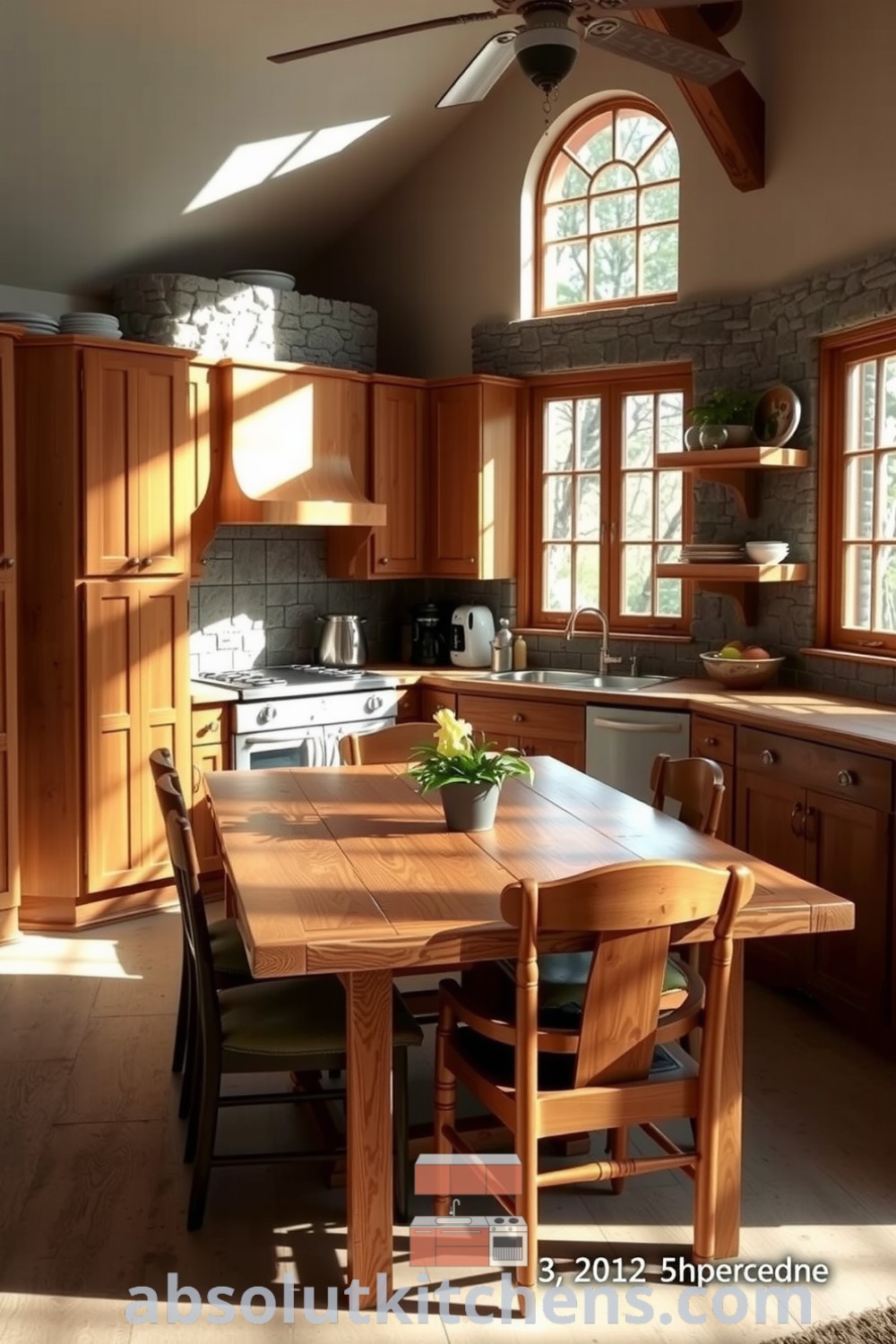 Cozy nature-inspired kitchen with wooden cabinets and stone accents, featuring sunlight filtering through large windows, reclaimed wood countertops, an inviting handcrafted dining table, and mismatched chairs, showcasing unique ideas for your home. Visit absolutkitchens.com for more decor inspirations.