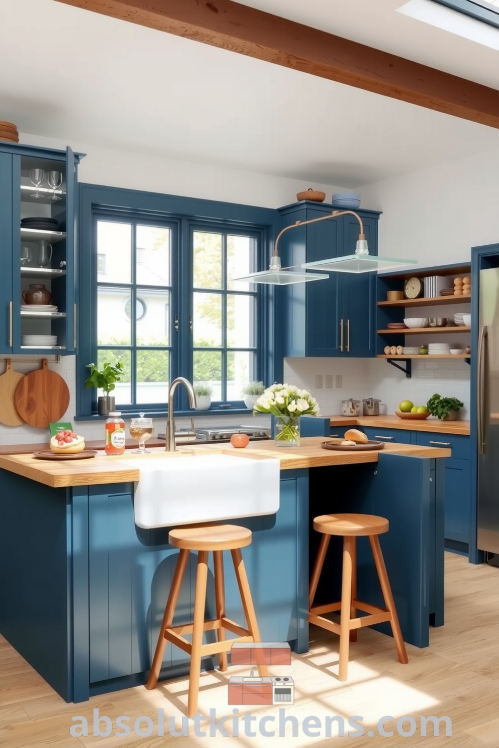 Cozy farmhouse kitchen featuring cool blue cabinetry, reclaimed wood countertops, and a farmhouse sink with a garden view, creating a warm and inviting atmosphere perfect for cooking and gathering. Discover more at absolutkitchens.com.