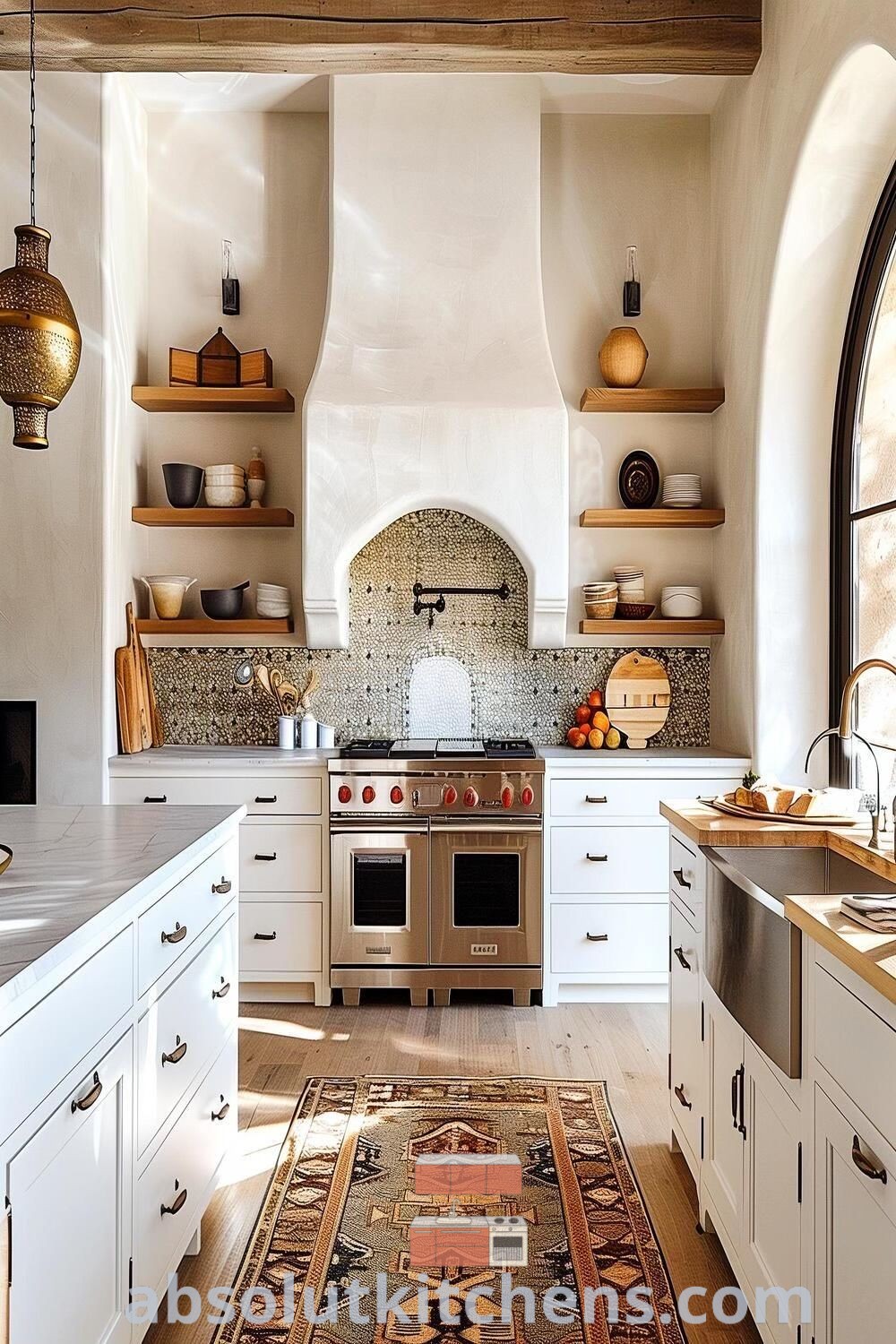 A bright kitchen with white cabinets and an area rug, featuring Spanish tile interior design and Mediterranean tiles. This inspiring space exemplifies Spanish style kitchen backsplash ideas and cozy decor for small spaces, perfect for anyone seeking creative design trends. Discover more at absolutkitchens.com.