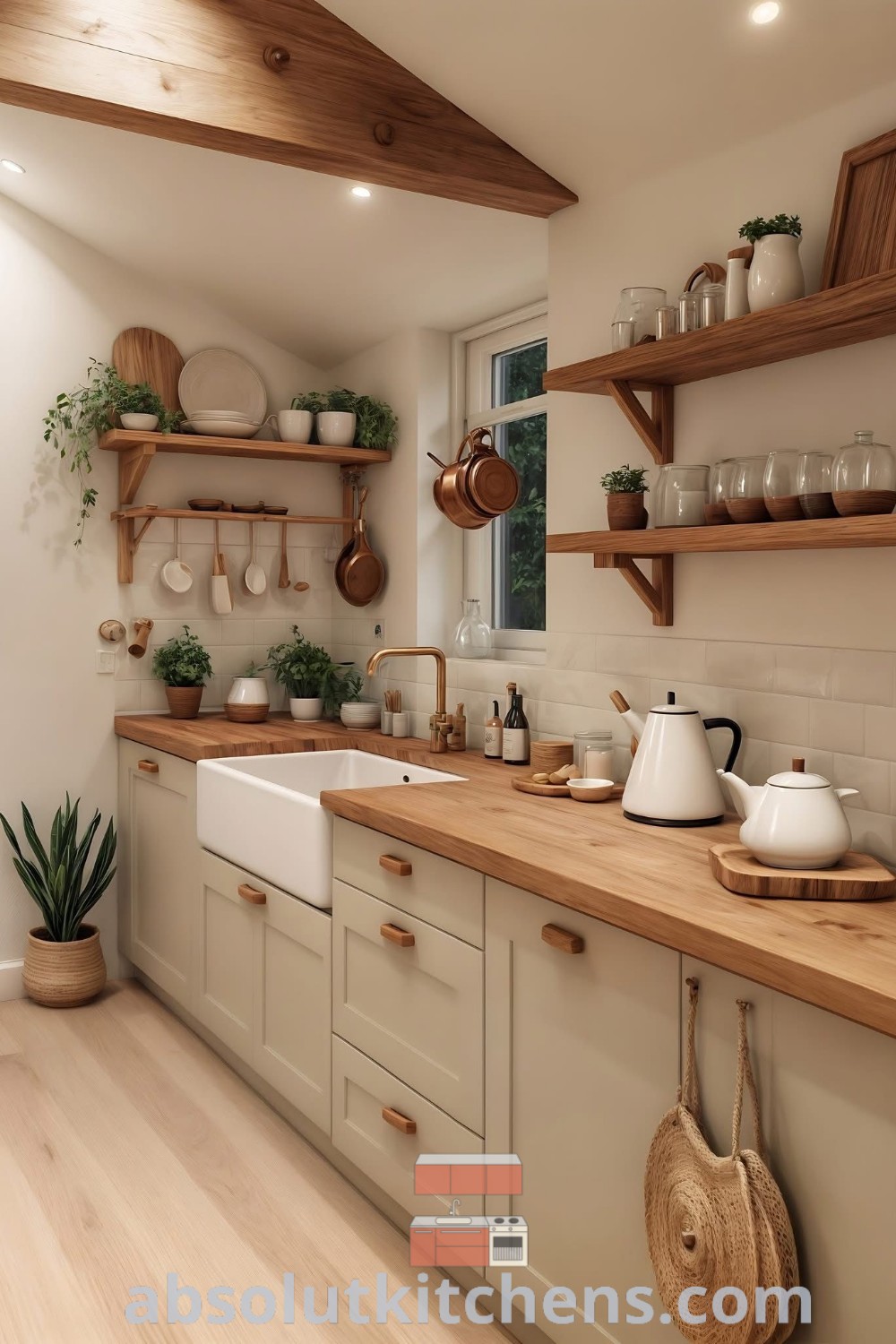 A white minimalist kitchen featuring wooden countertops, plants on the shelves, and a sink, reflecting modern decor ideas. This space offers cozy inspirations and unique designs, perfect for those seeking white kitchen decor and design ideas. Explore more at wellnesswink.com.
