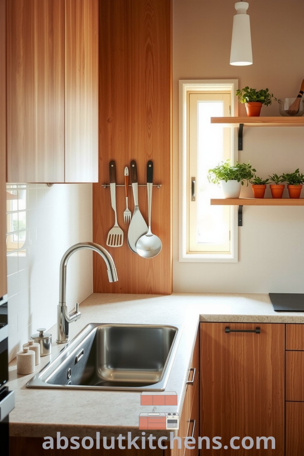 Minimalist kitchen featuring warm brown wooden cabinetry, stainless steel sink under a wide window, smooth stone countertops, and natural wood shelves with potted herbs, ideal for cozy home decor inspirations at fireplacesandwoodstoves.com.