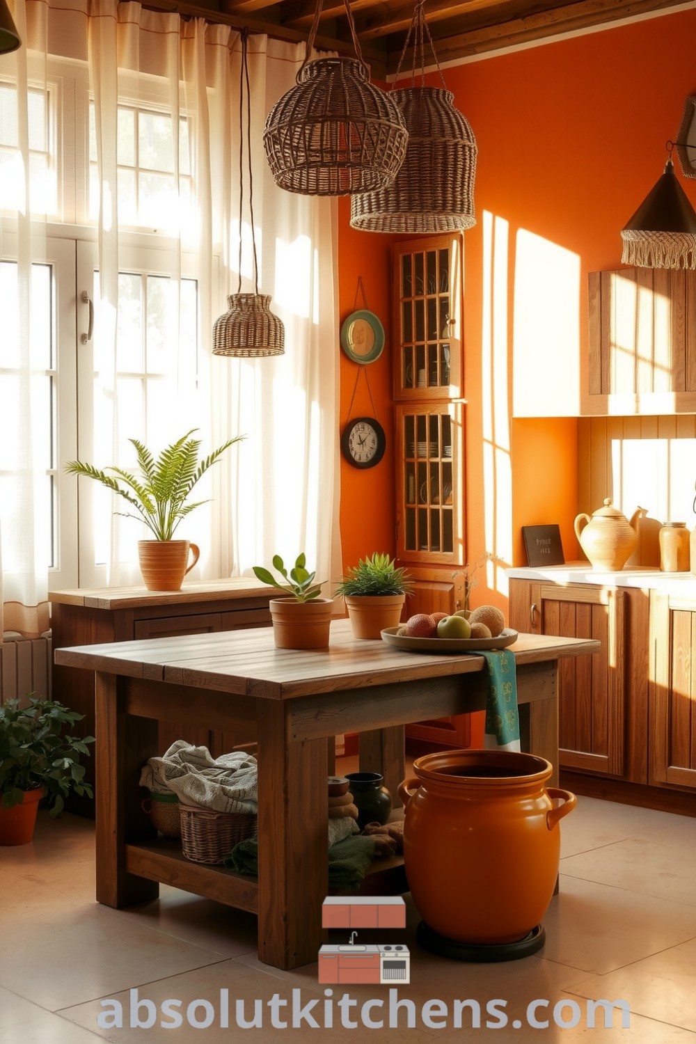 Cozy boho kitchen featuring sunlight filtering through sheer curtains, terracotta walls, rustic wooden cabinets, and vibrant plants in terracotta pots, creating an inviting and warm space. Visit absolutkitchens.com for design inspirations and ideas for your home.