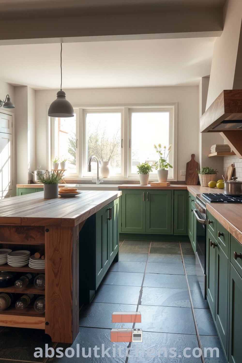 Cozy nature-inspired kitchen with soft green accents, a rough-hewn wood island, and potted herbs on the windowsill, creating an inviting atmosphere perfect for any home. Visit absolutkitchens.com for more decor ideas and inspirations.