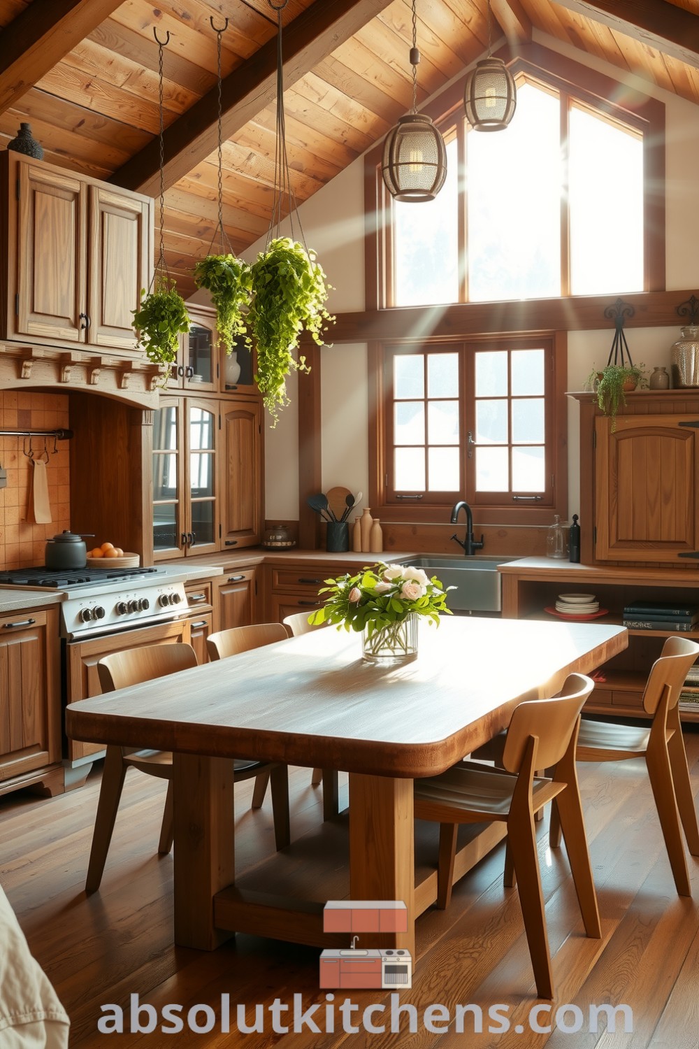 Cozy nature-inspired kitchen with sunlight streaming through large windows, highlighting wooden cabinets and stone countertops, featuring hanging plants and a farmhouse table, showcasing design ideas for a warm and inviting home atmosphere. Visit absolutkitchens.com for more inspiring decor ideas.