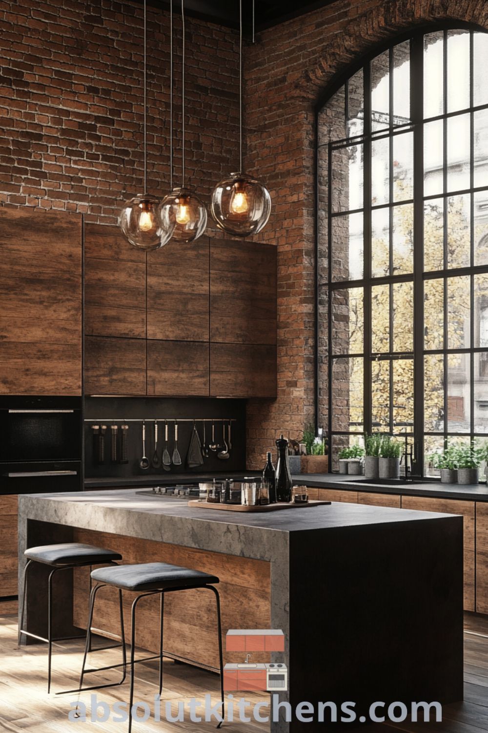 Loft kitchen design on absolutkitchens.com featuring exposed brick walls, cozy aesthetic, and inviting lighting ideas for house or apartment.