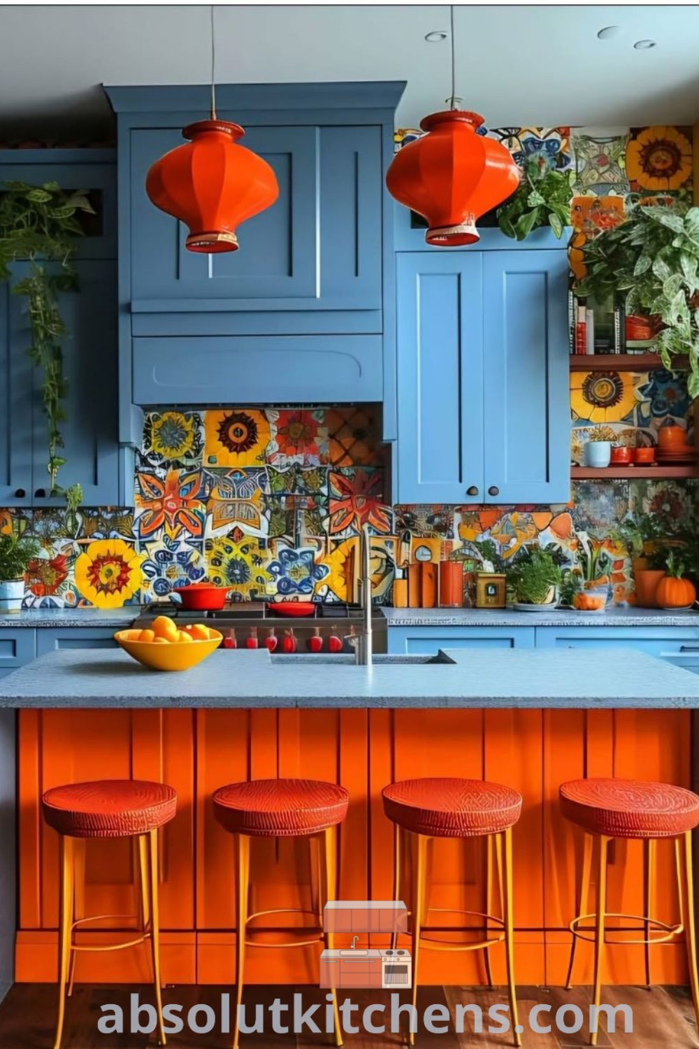 A colorful kitchen featuring blue cabinets and orange stools surrounding a central island, showcasing modern design trends. This playful interior design offers ideas you need to see for maximizing space and creating a cozy aesthetic. Discover inspiring decor ideas for small spaces at absolutkitchens.com.